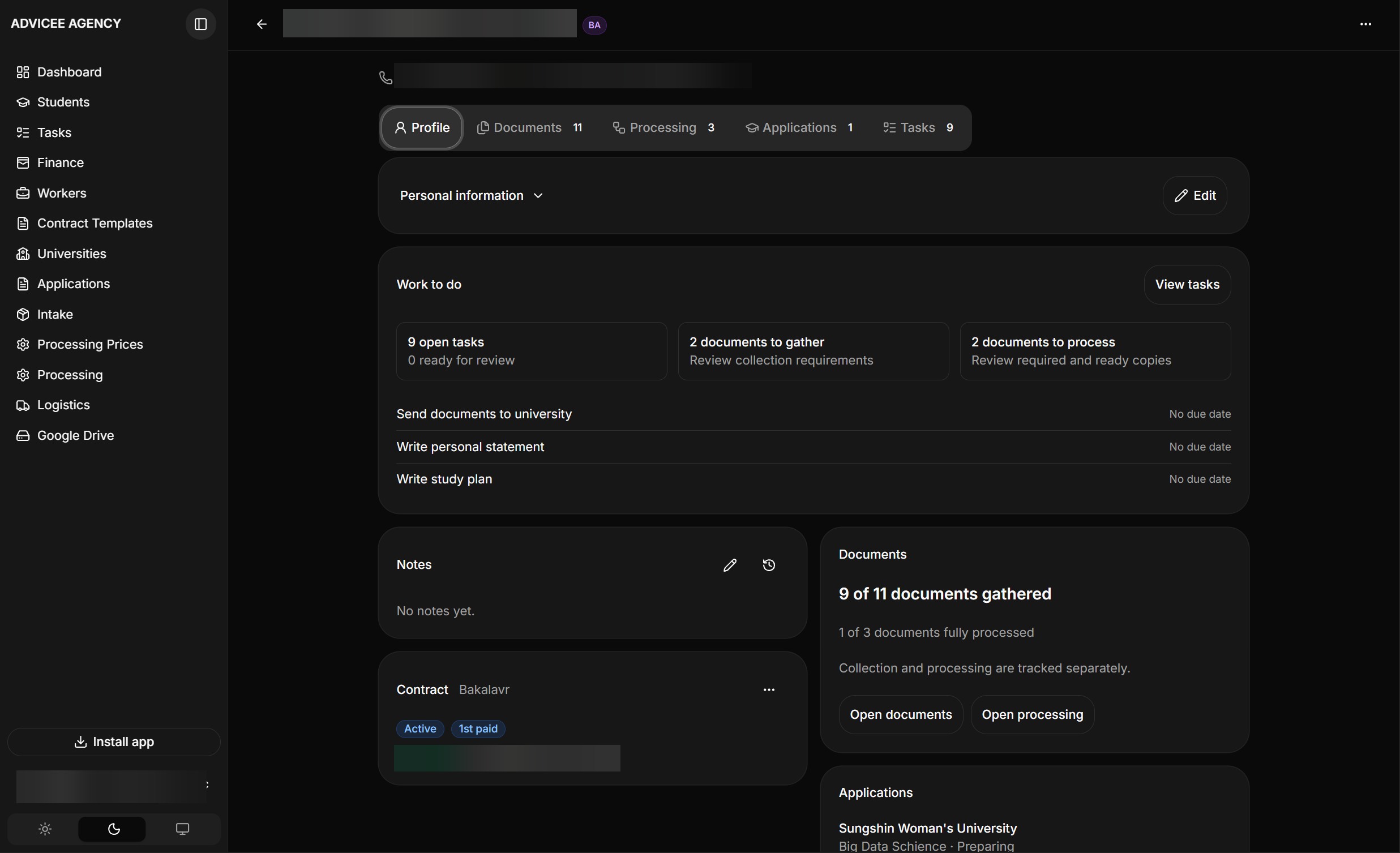 Advicee student-profile, desktop view; sensitive data blurred